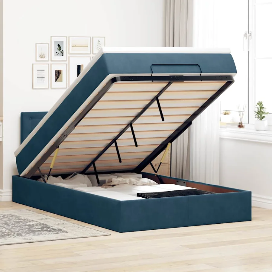 Lit ottoman avec matelas bleu foncé 120x190 cm velours
