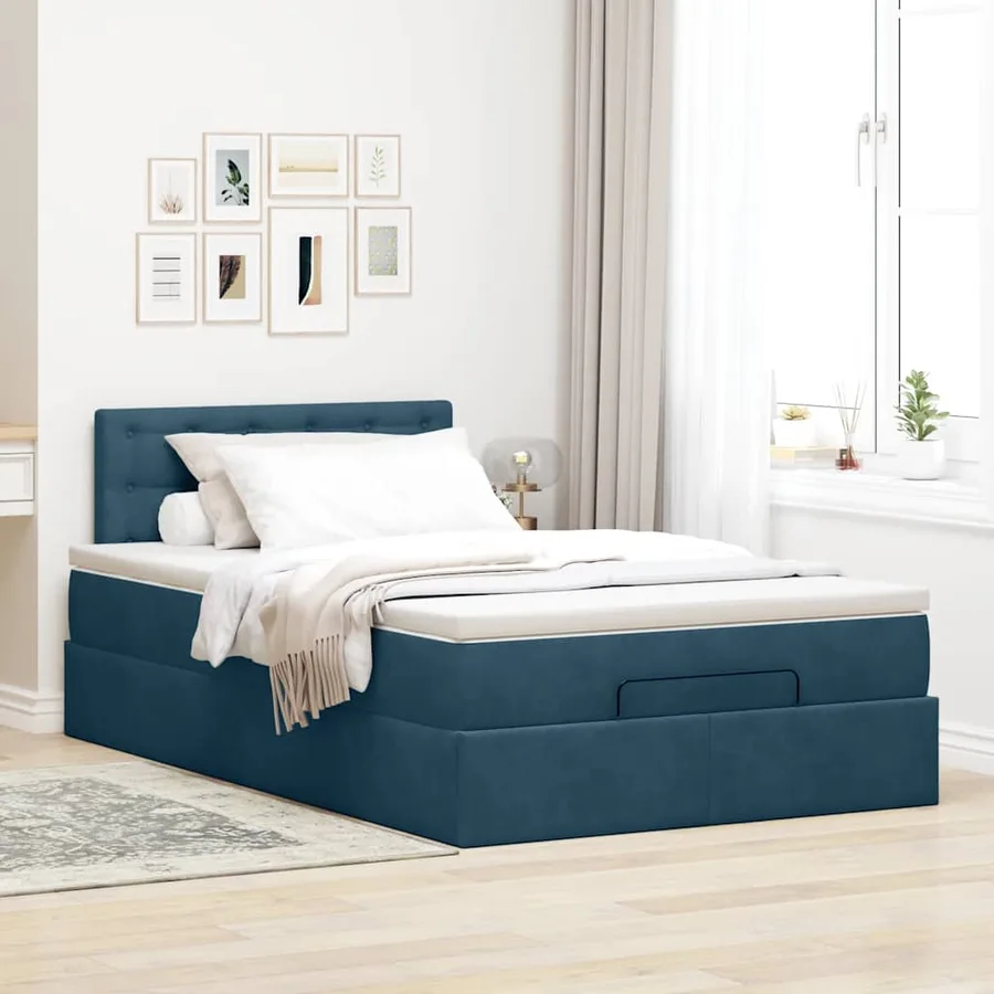 Lit ottoman avec matelas bleu foncé 120x190 cm velours - 3