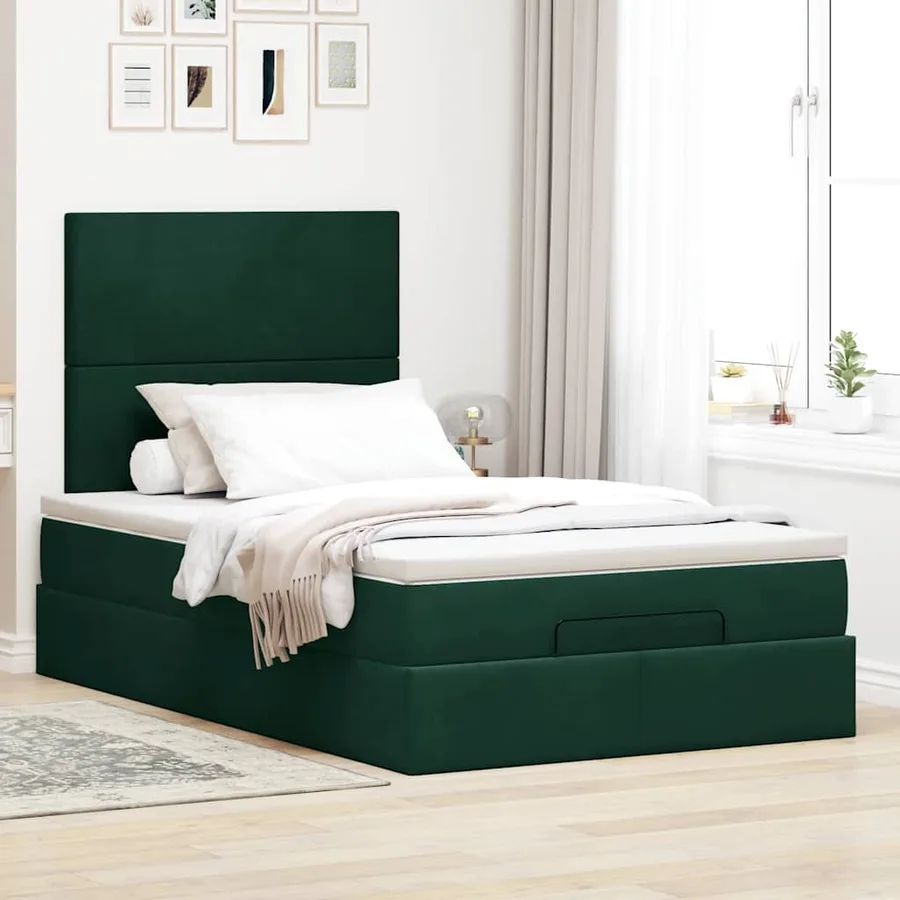 Cadre de lit ottoman avec matelas vert foncé 120x190 cm velours - 3