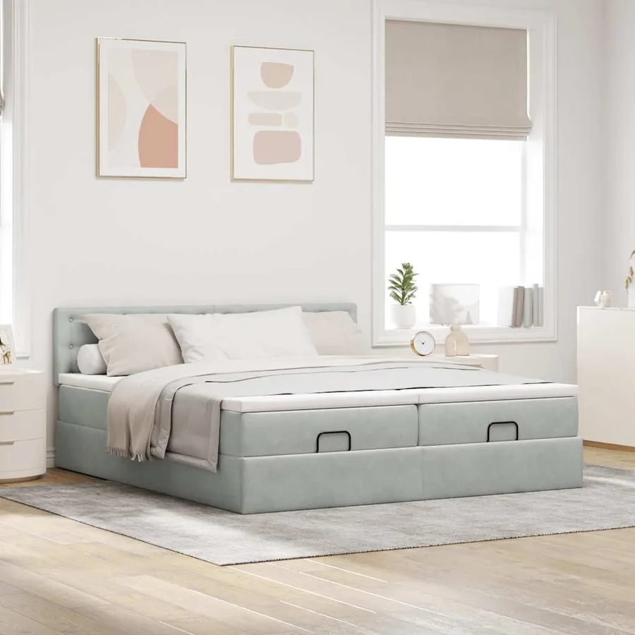 Cadre de lit ottoman et matelas gris clair 180x200cm velours - 3