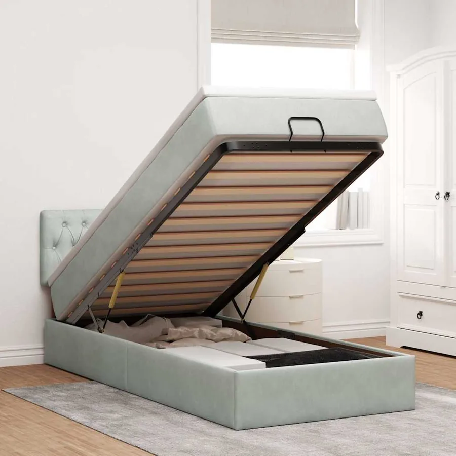 Cadre de lit ottoman et matelas gris clair 90x200 cm velours
