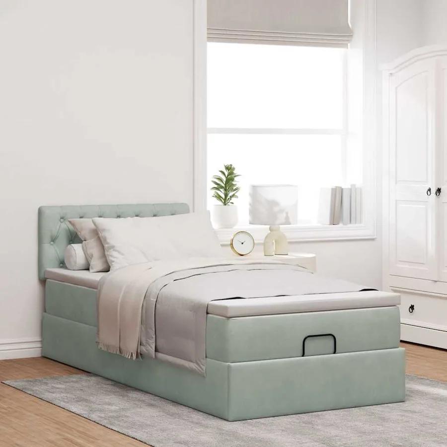 Cadre de lit ottoman et matelas gris clair 90x200 cm velours - 4