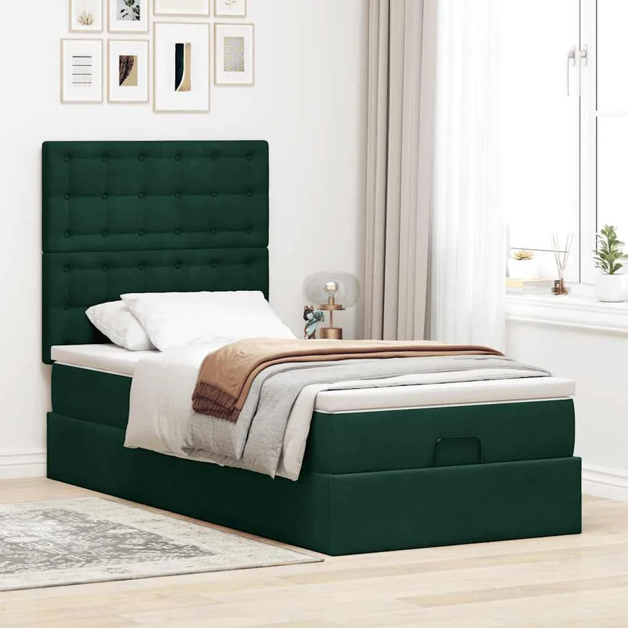 Cadre de lit ottoman avec matelas vert foncé 90x200 cm velours - 4