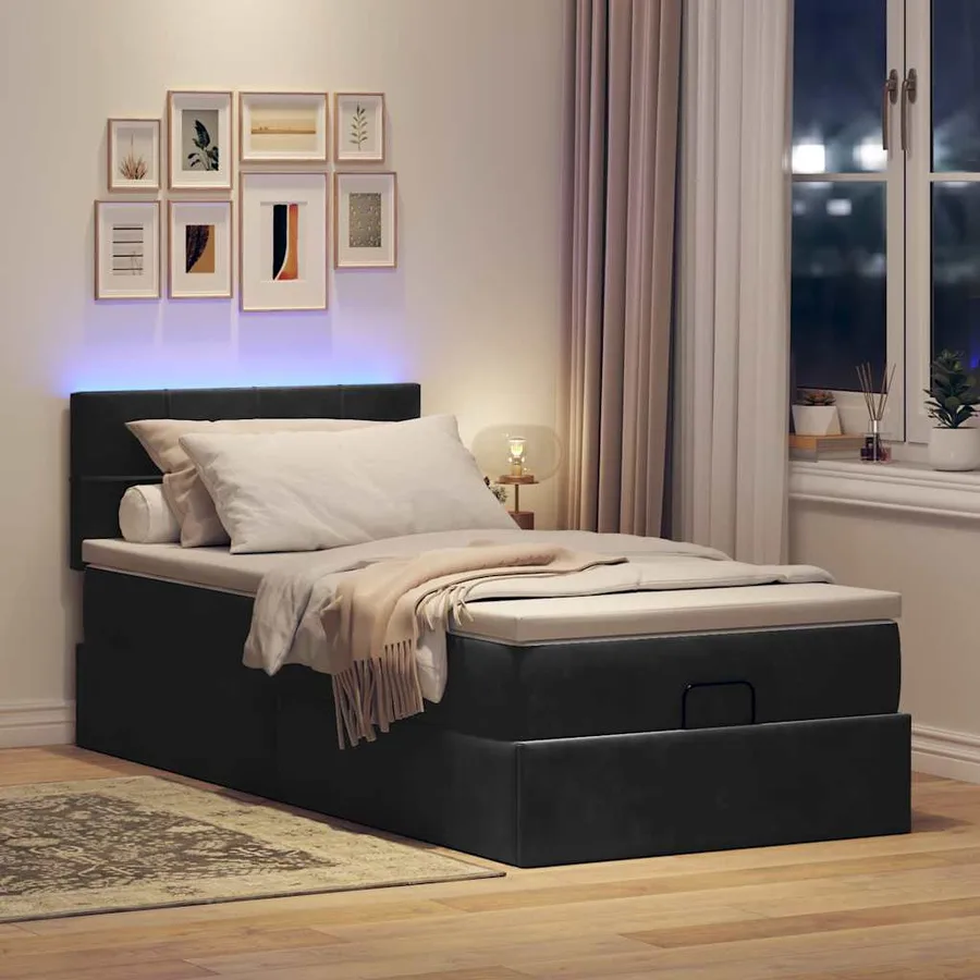 Lit ottoman avec matelas et LED noir 80x200cm velours - 3