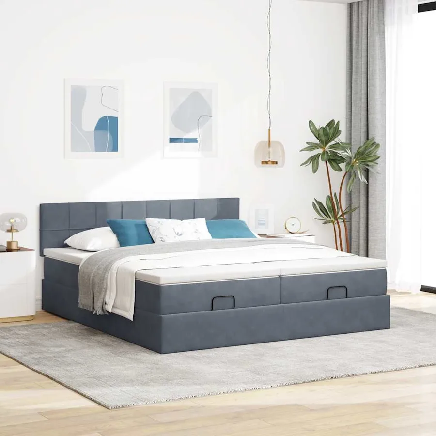Cadre de lit ottoman avec matelas gris foncé 160x200cm velours - 3
