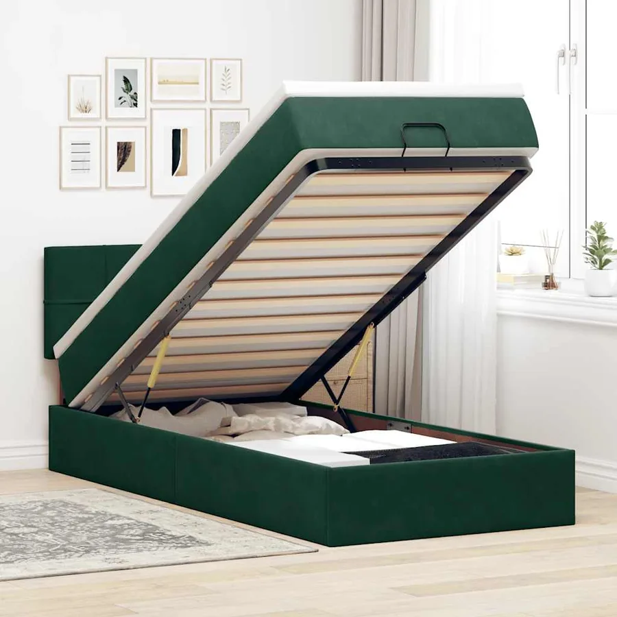 Cadre de lit ottoman avec matelas vert foncé 80x200 cm velours