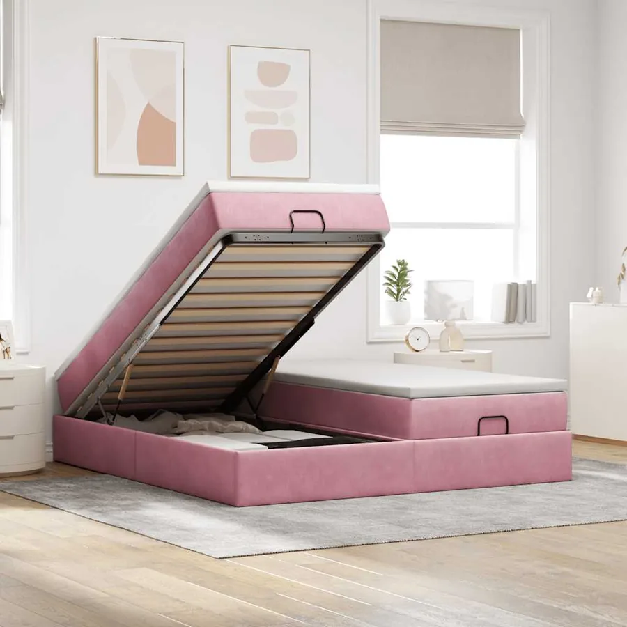 Cadre de lit ottoman avec matelas rose 160x200 cm velours