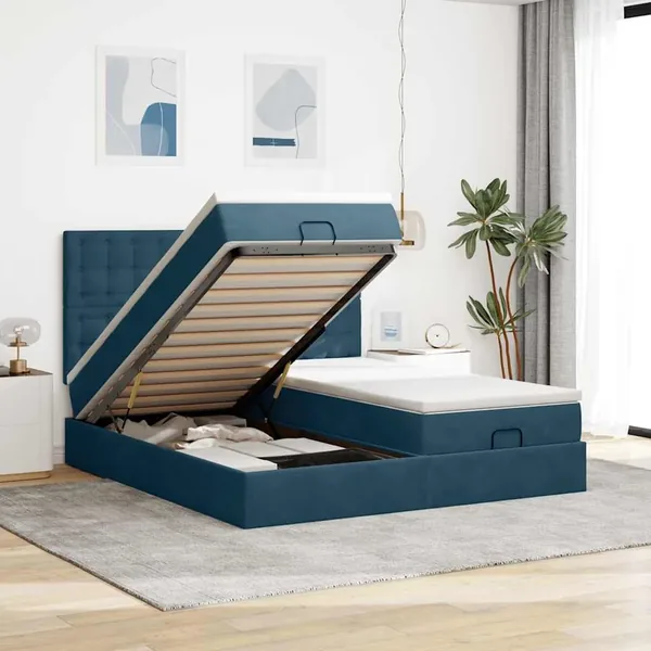 Cadre de lit ottoman avec matelas bleu foncé 180x200 cm velours