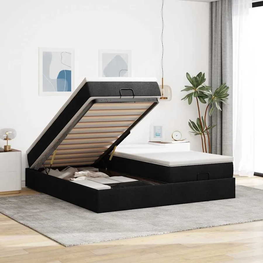 Cadre de lit ottoman avec matelas noir 160x200 cm tissu