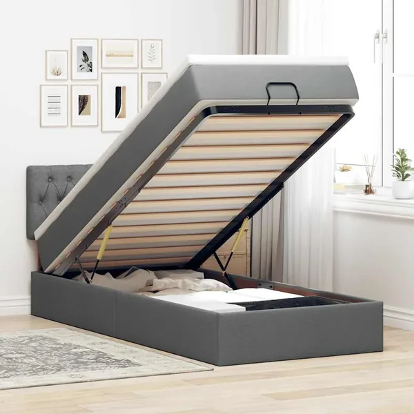 Lit ottoman avec matelas et LED Gris foncé 80x200cm tissu