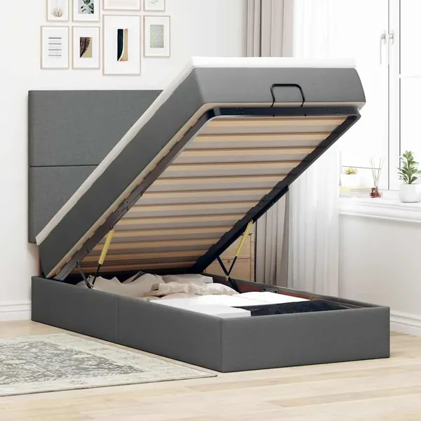 Lit ottoman avec matelas et LED Gris foncé 80x200cm tissu