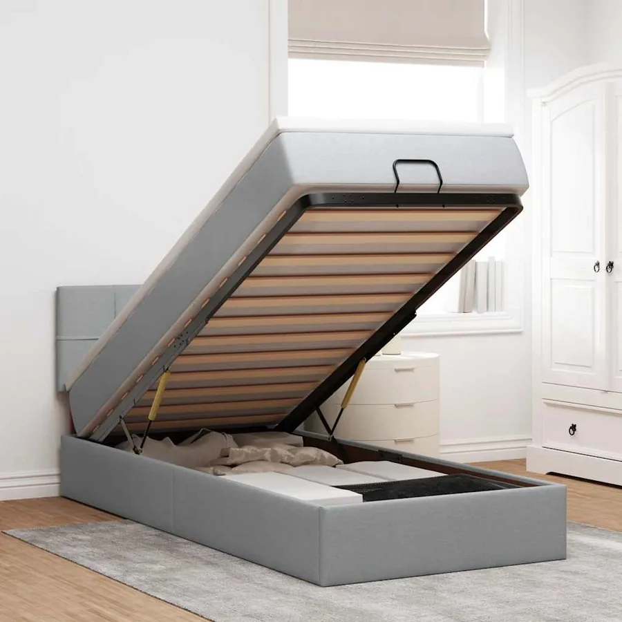 Lit ottoman avec matelas et LED Gris clair 80x200cm tissu