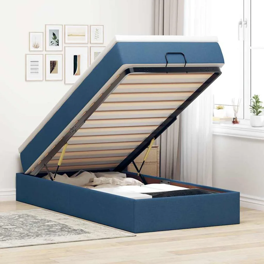 Cadre de lit ottoman avec matelas bleu 90x190 cm tissu