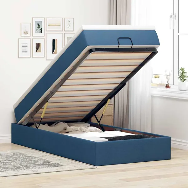 Cadre de lit ottoman avec matelas bleu 90x190 cm tissu