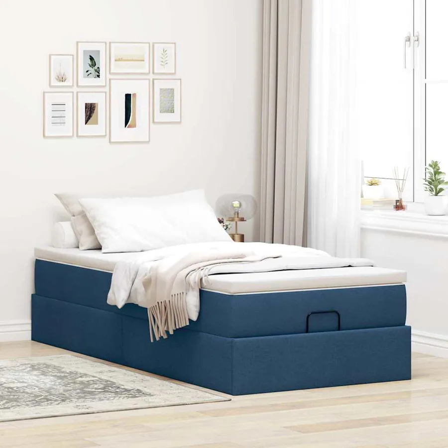 Cadre de lit ottoman avec matelas bleu 90x190 cm tissu - 3