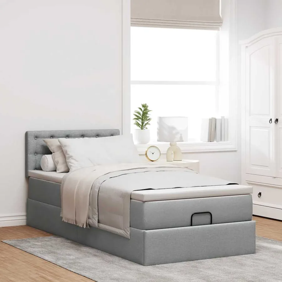 Cadre de lit ottoman et matelas gris clair 90x190 cm tissu - 3