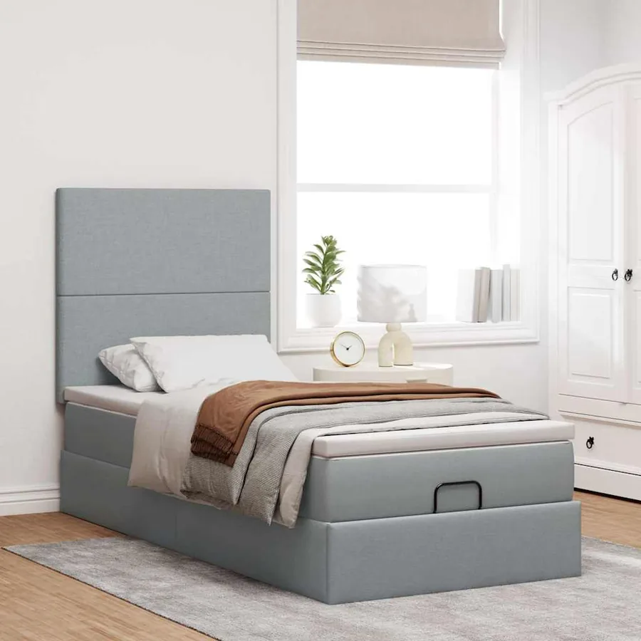 Cadre de lit ottoman et matelas gris clair 90x190 cm tissu - 4