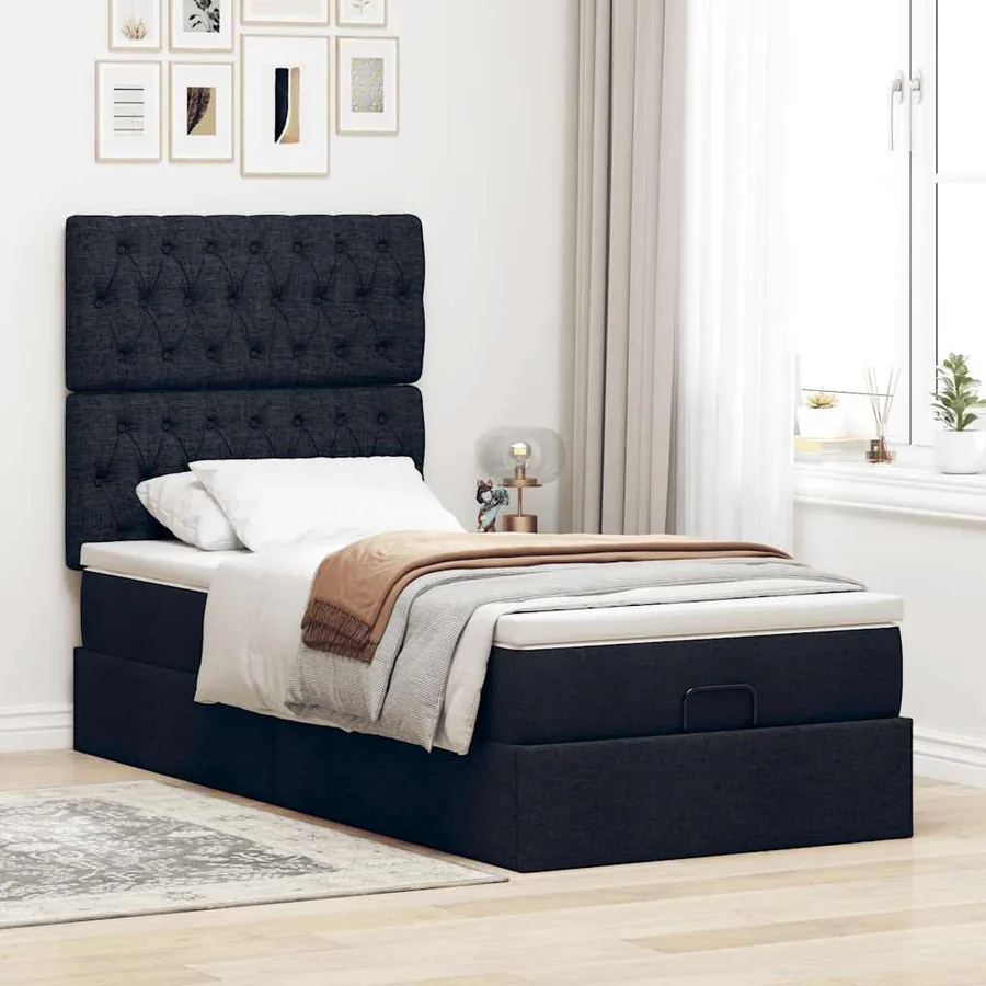 Cadre de lit ottoman avec matelas noir 90x190 cm tissu - 3