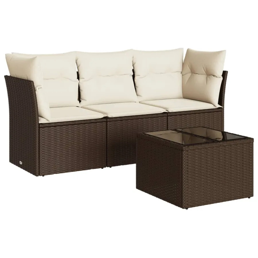 Salon de jardin 4 pcs avec coussins marron résine tressée - 2