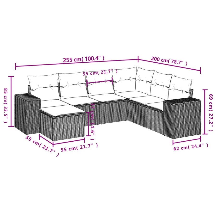 Salon de jardin avec coussins 7 pcs marron résine tressée - 3