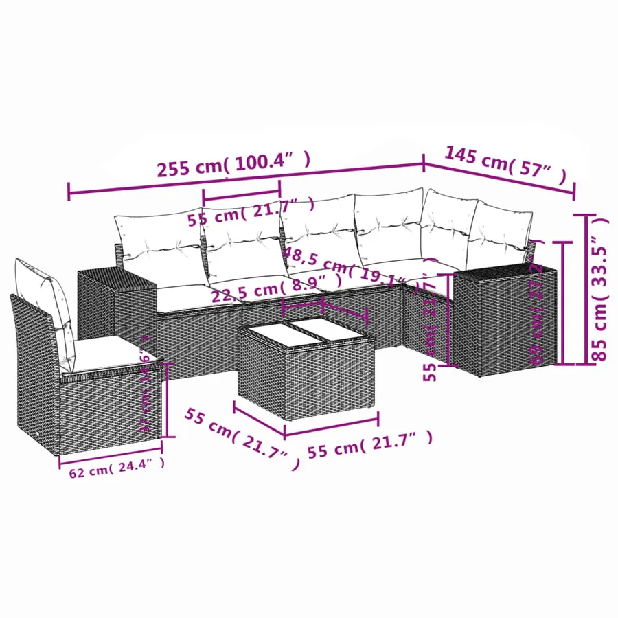 Salon de jardin avec coussins 7 pcs marron résine tressée - 3
