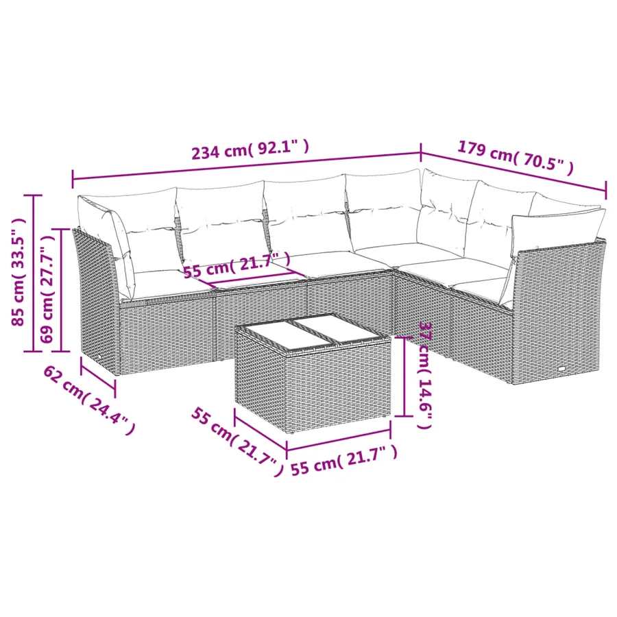 Salon de jardin avec coussins 7 pcs marron résine tressée - 3