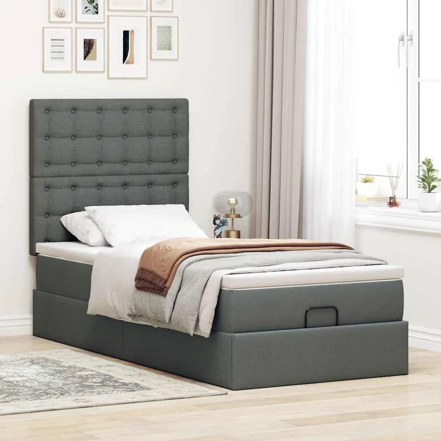 Cadre de lit ottoman avec matelas gris foncé 90x190 cm tissu - 3