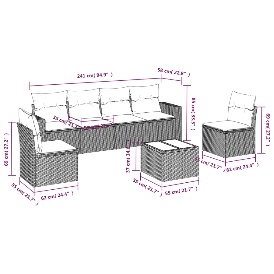 Salon de jardin avec coussins 7 pcs marron résine tressée - 3