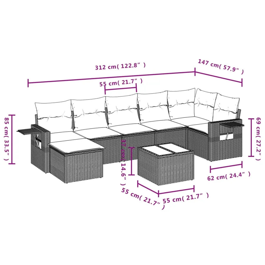 Salon de jardin 8 pcs avec coussins marron résine tressée - 3