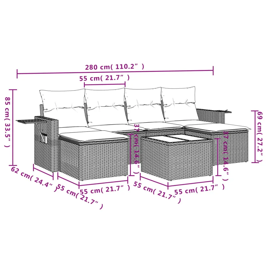 Salon de jardin avec coussins 7 pcs marron résine tressée - 3