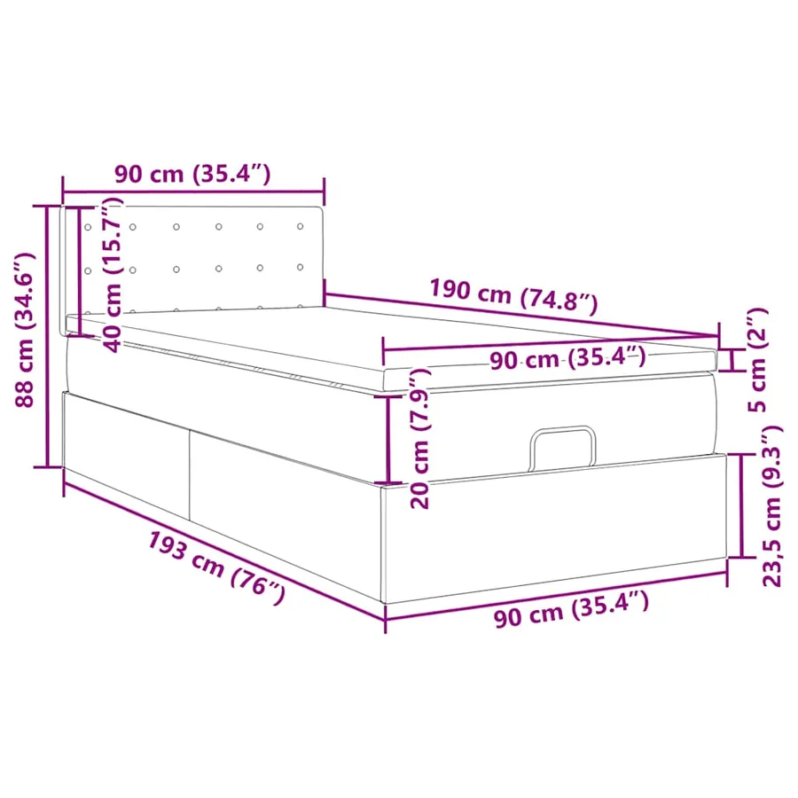 Cadre de lit ottoman avec matelas crème 90x190 cm tissu - 18