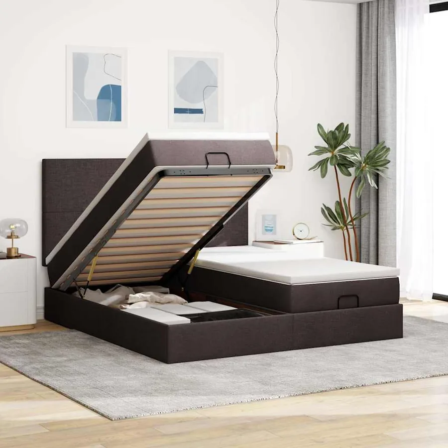 Cadre de lit ottoman avec matelas marron foncé 160x200 cm tissu