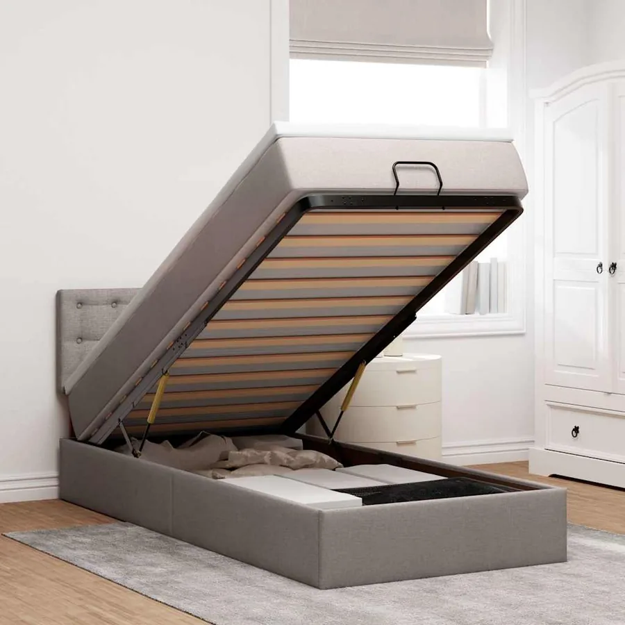 Cadre de lit ottoman avec matelas taupe 90x190 cm tissu