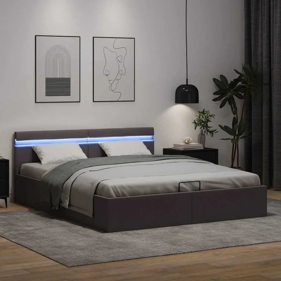 Cadre de lit à rangement avec LED gris similicuir 160x200 cm - 5