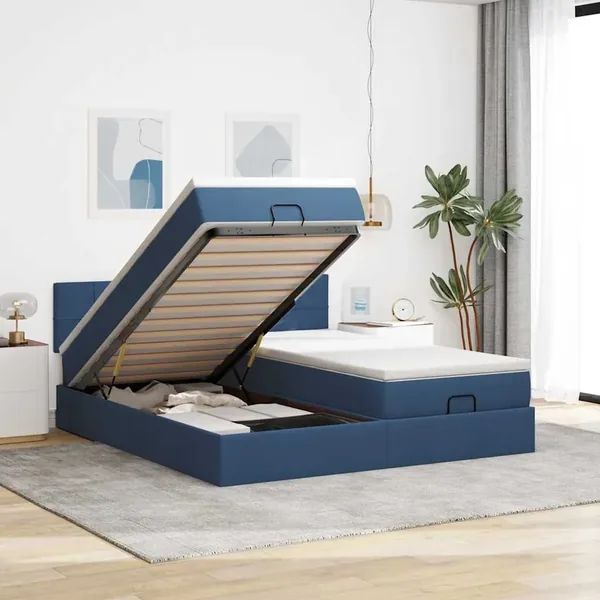 Cadre de lit ottoman avec matelas bleu 160x200 cm tissu