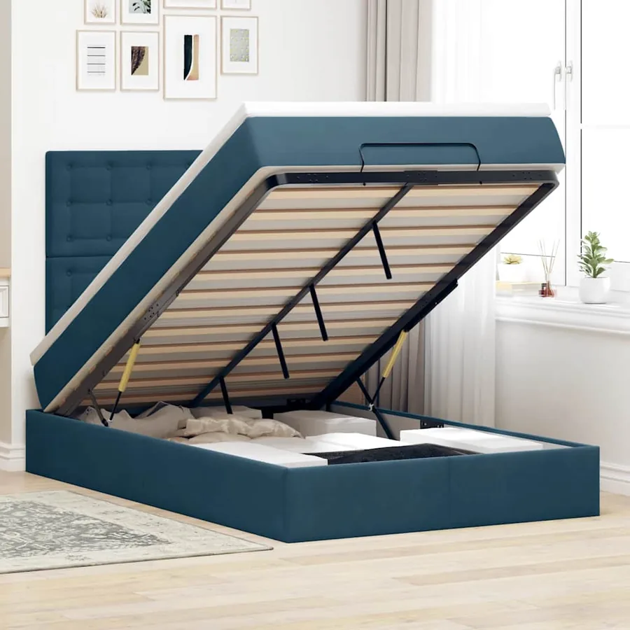 Cadre de lit ottoman avec matelas bleu foncé 120x200 cm velours