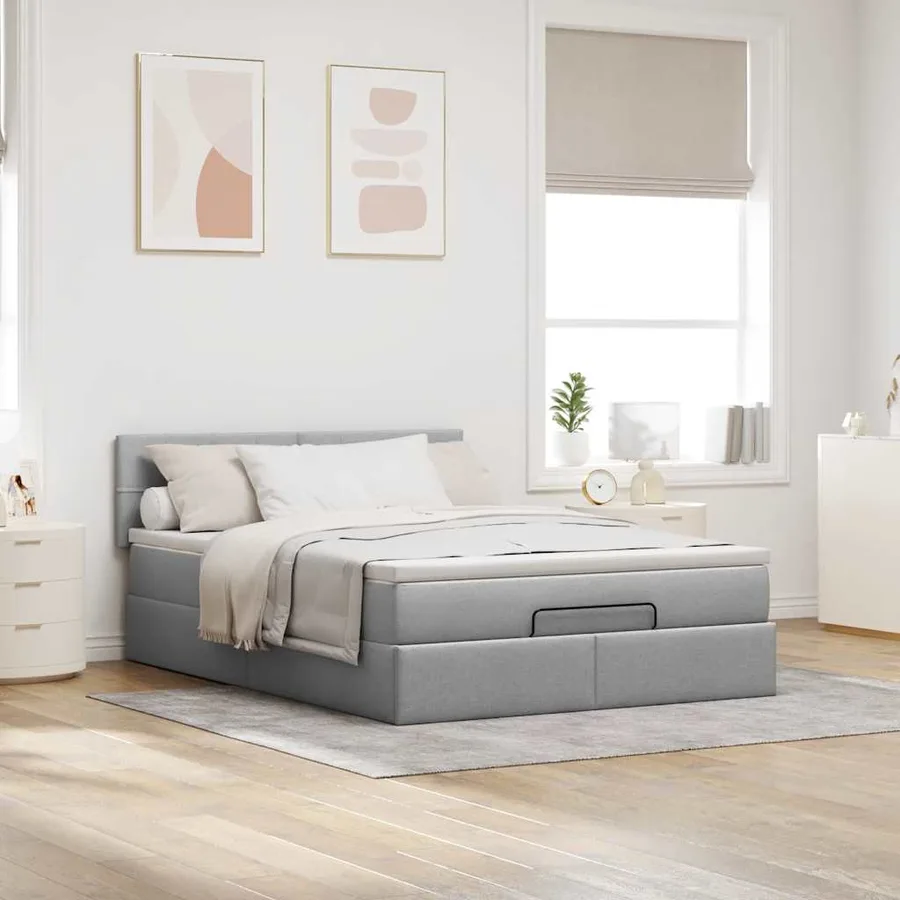 Cadre de lit ottoman et matelas gris clair 140x200 cm tissu - 3