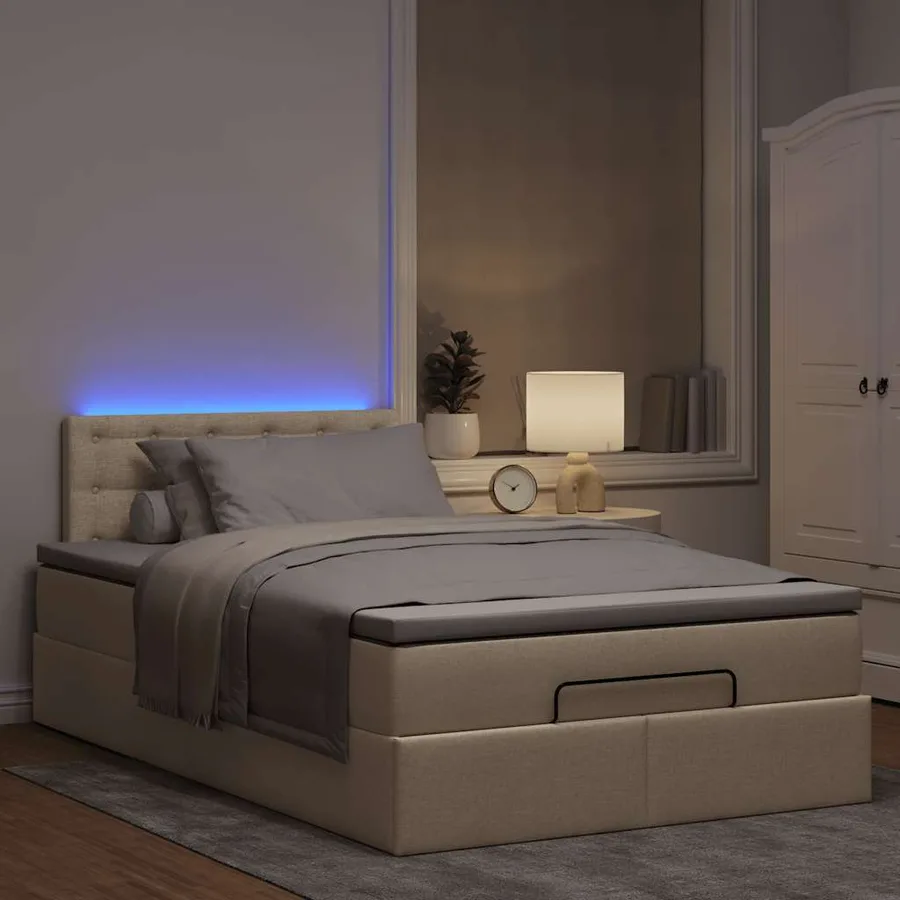Lit ottoman avec matelas et LED crème 120x190 cm tissu - 3