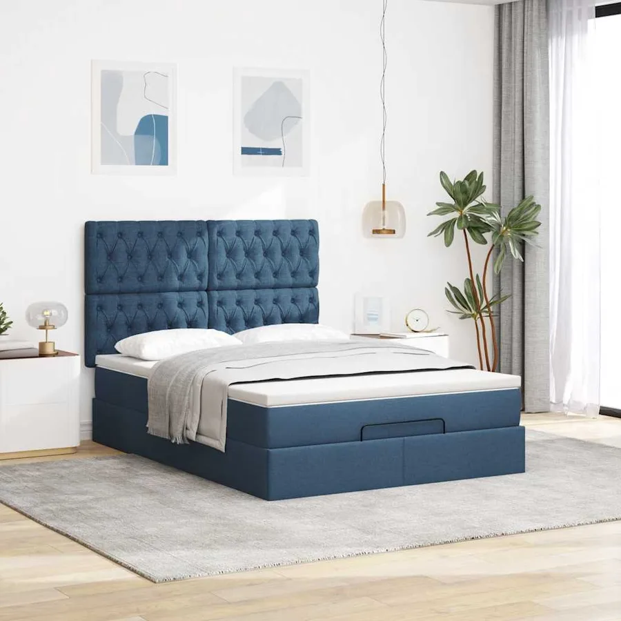 Cadre de lit ottoman avec matelas bleu 140x200 cm tissu - 3