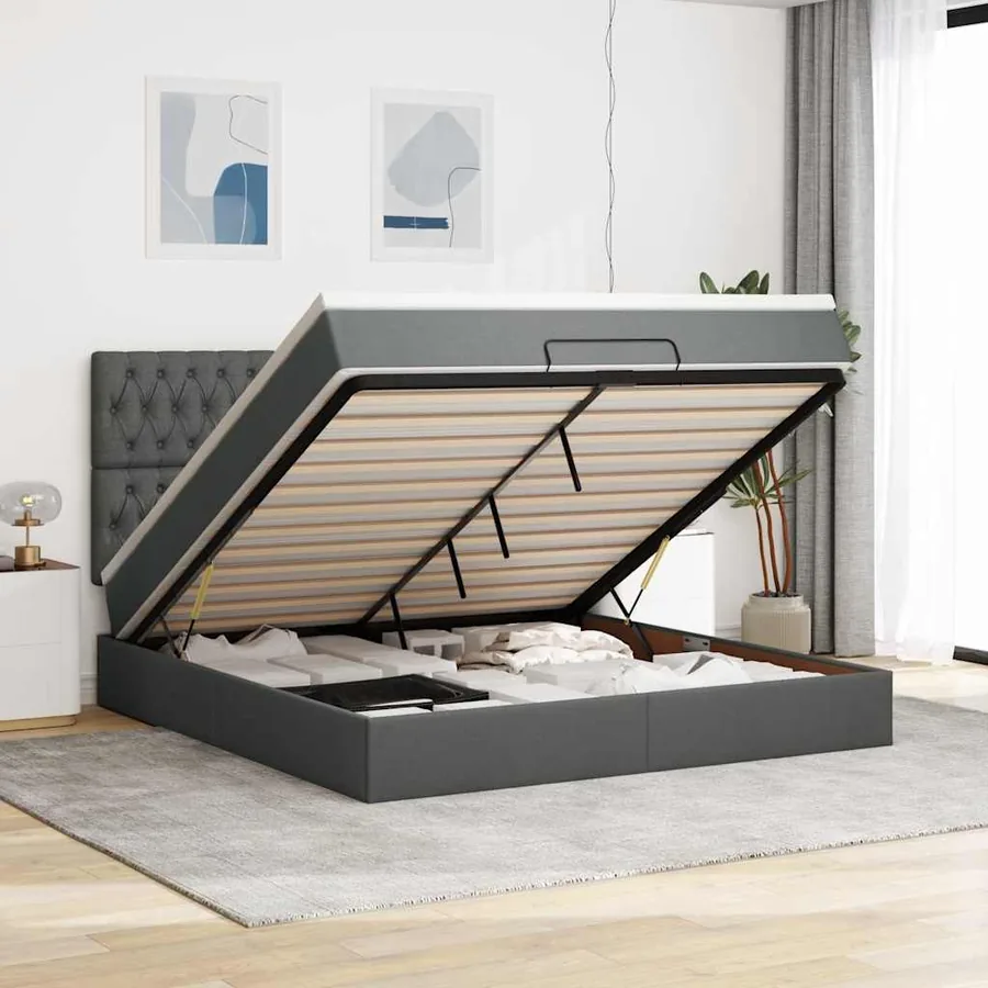 Cadre de lit ottoman avec matelas gris foncé 160x200cm tissu