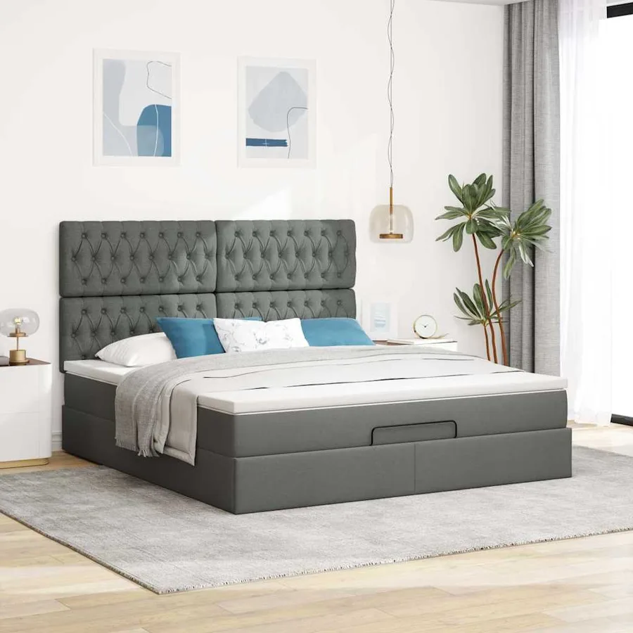 Cadre de lit ottoman avec matelas gris foncé 160x200cm tissu - 3