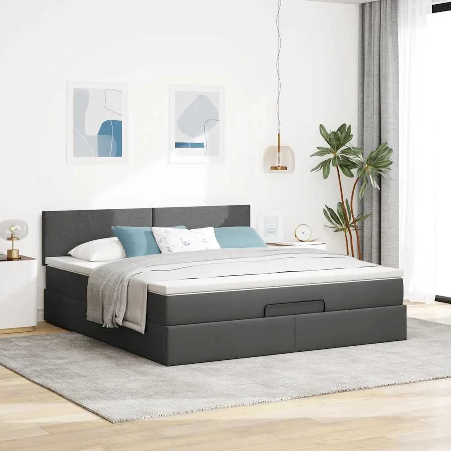 Cadre de lit ottoman avec matelas gris foncé 160x200cm tissu - 4