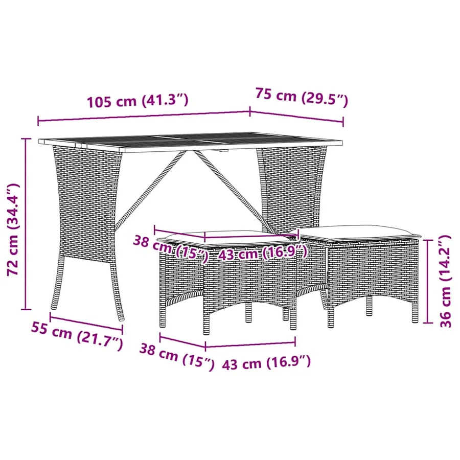 Ensemble à manger de jardin et coussins 3 pcs Beige poly rotin - 12