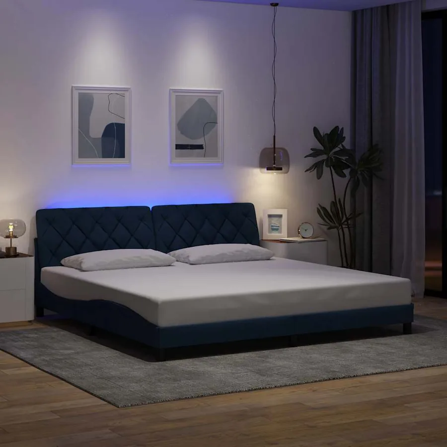 Cadre de lit avec LED sans matelas bleu 200x200 cm tissu