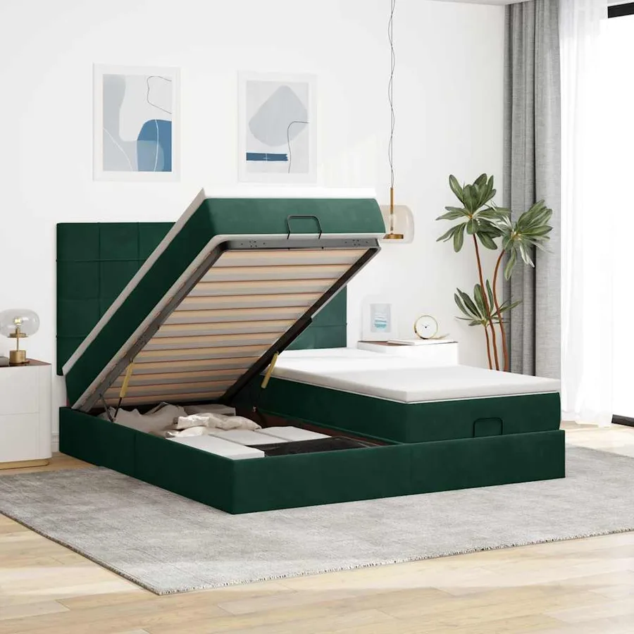 Cadre de lit ottoman avec matelas vert foncé 160x200 cm velours - 2