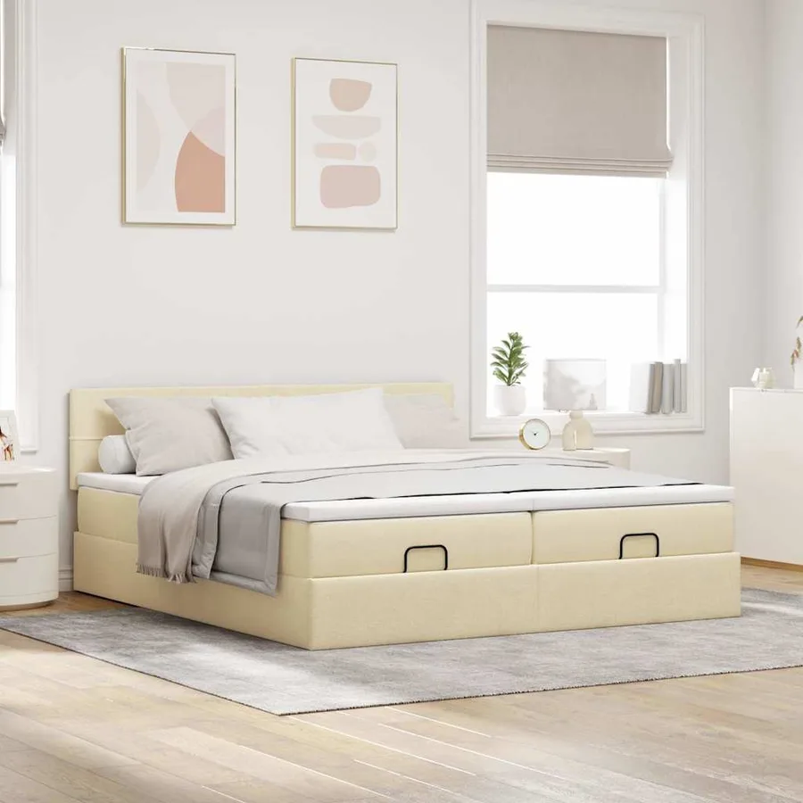 Cadre de lit ottoman avec matelas crème 200x200cm tissu - 4