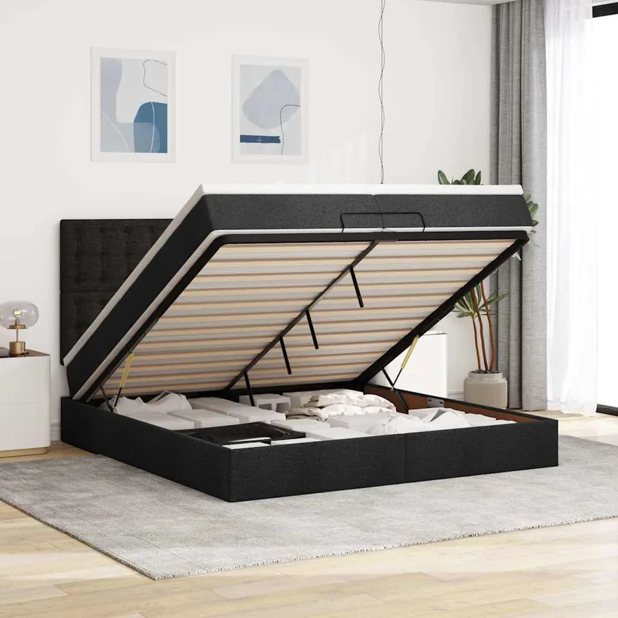 Cadre de lit ottoman avec matelas noir 200x200cm tissu