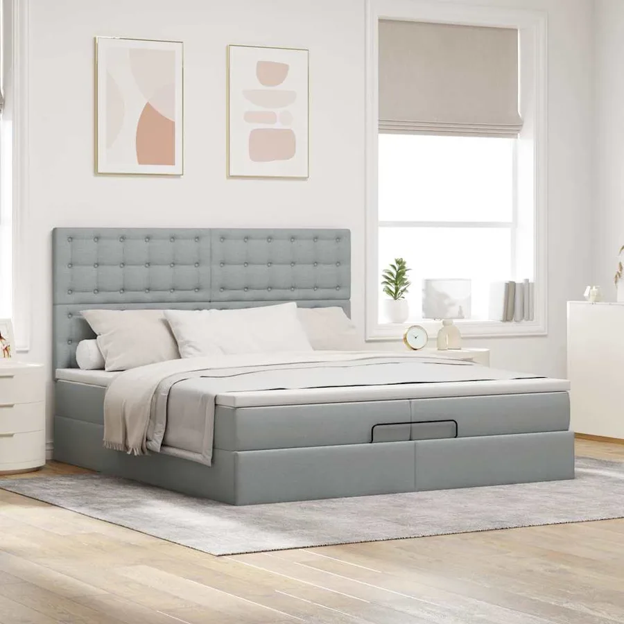 Cadre de lit ottoman et matelas gris clair 200x200cm tissu - 3
