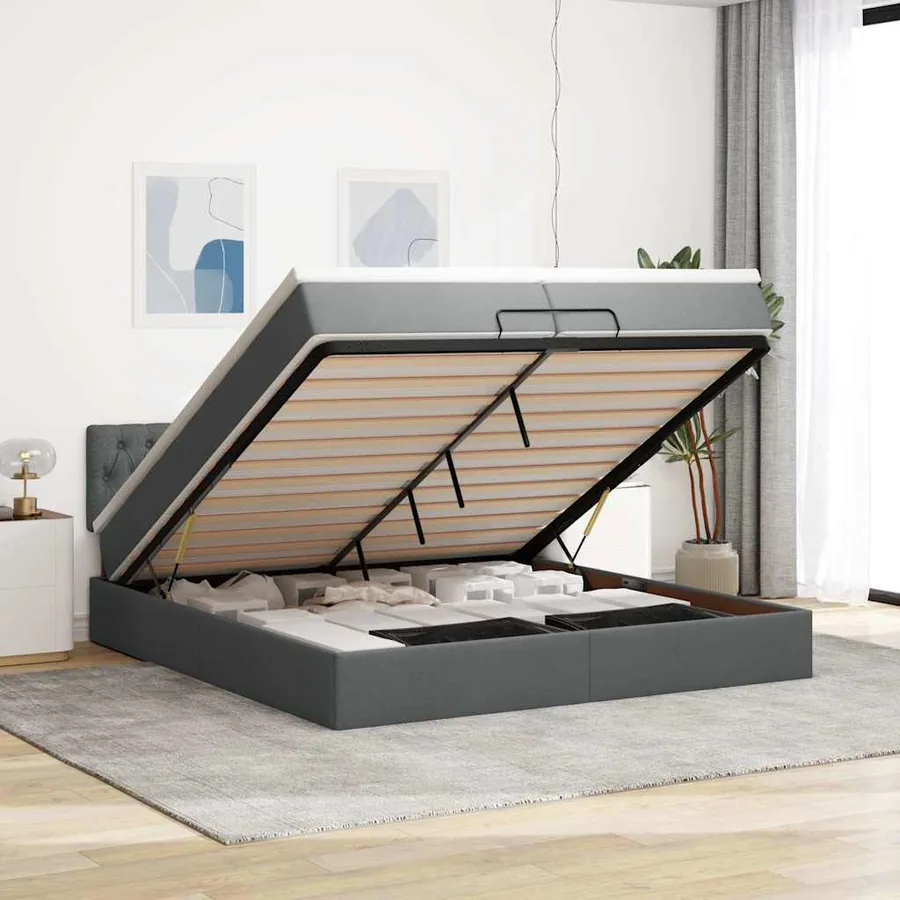Cadre de lit ottoman avec matelas gris foncé 200x200cm tissu