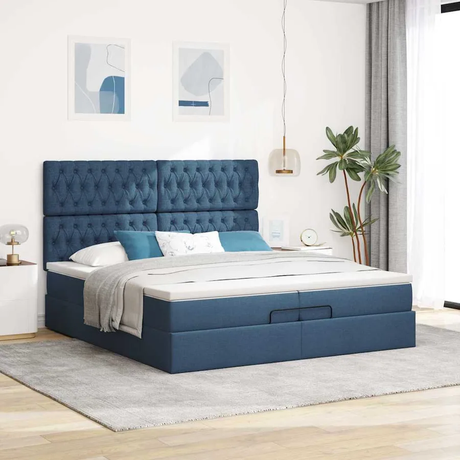 Cadre de lit ottoman avec matelas bleu 200x200cm tissu - 3